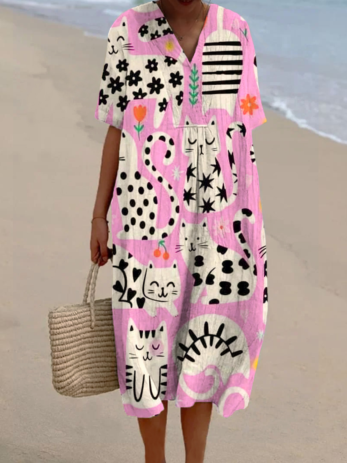 Women's Cat Print Casual Cotton And Linen Dress
