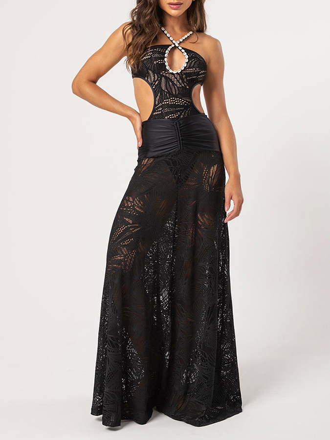 Lace Cut-out One Piece Swimsuit and Skirt