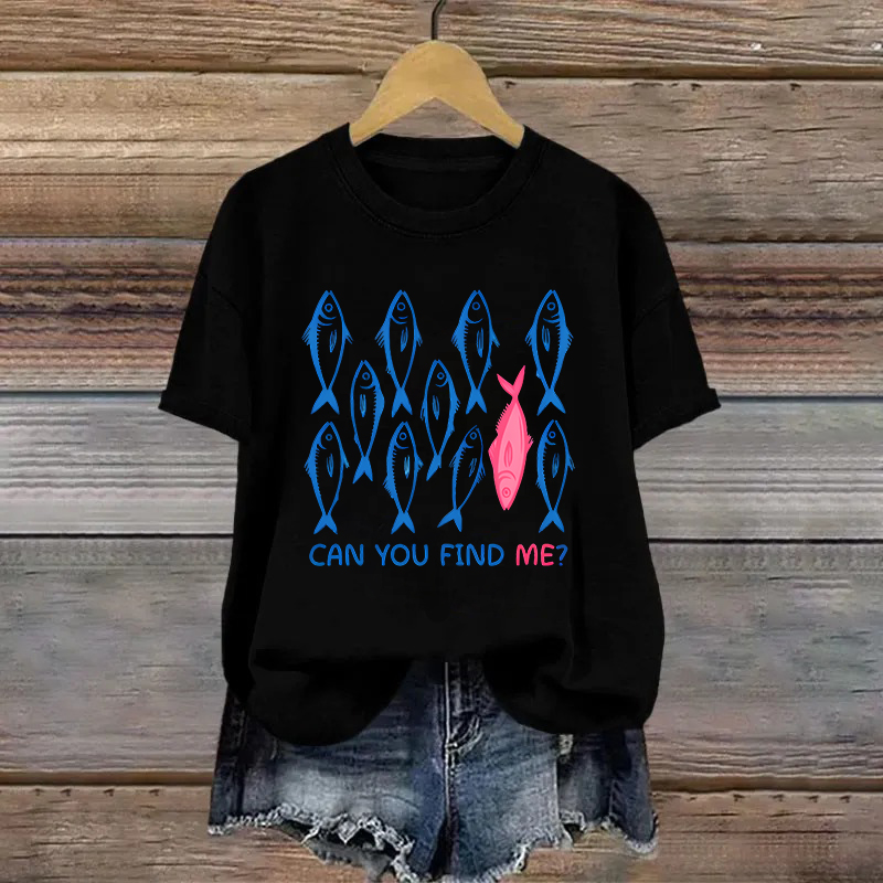 Cotton Can You Find Me Fish Printed T-shirt