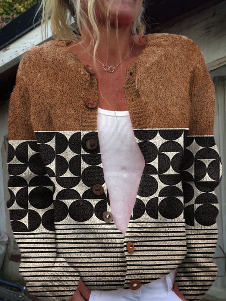 Minimalist  Abstract Lines Print Buttoned Cardigan Sweater
