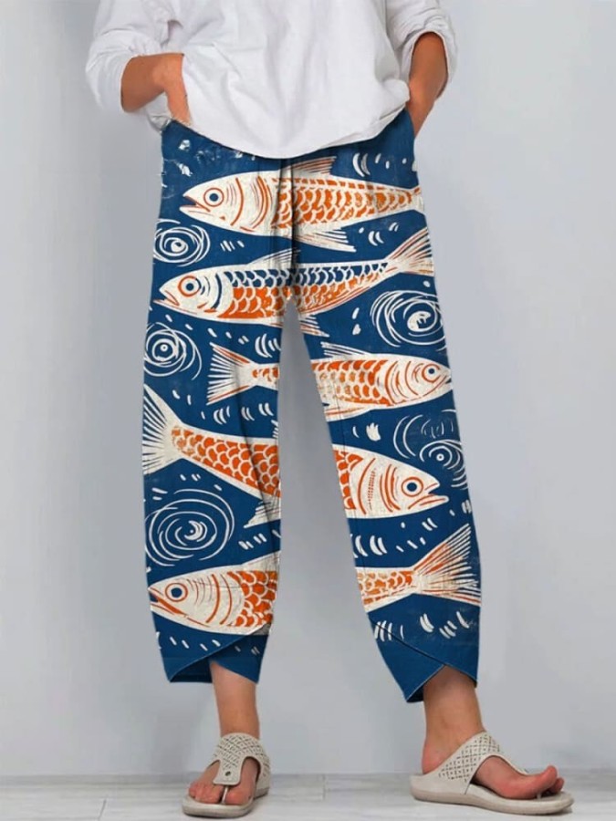 Women's Vintage Lovely Fish Art Printed Cotton And Linen Casual Pants