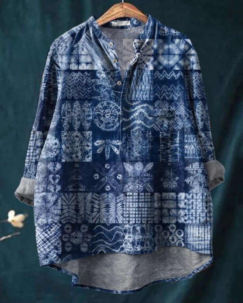 Shibori Patchwork Pattern Printed Women's Casual Long Sleeve Comfortable Cotton Shirt