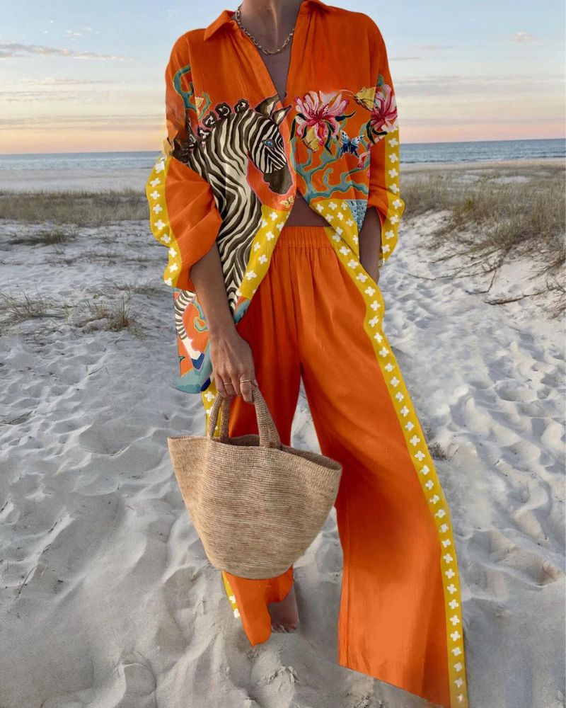 Zebra print shirt and trousers two-piece set