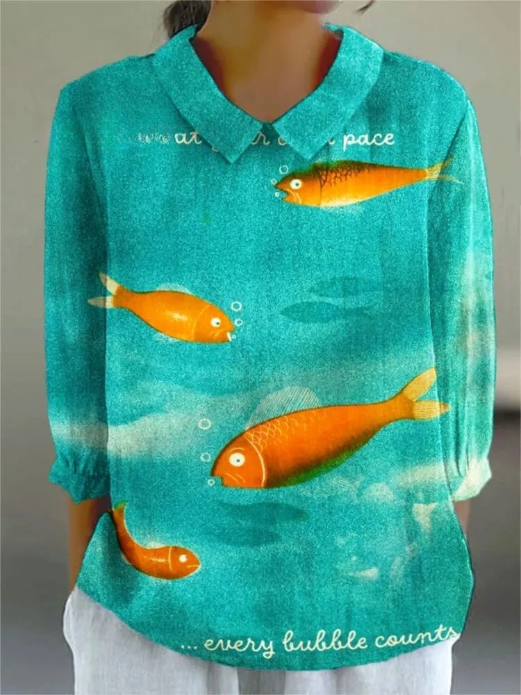 Women's Vintage Fish Art Print Casual 3/4 Sleeve Shirt