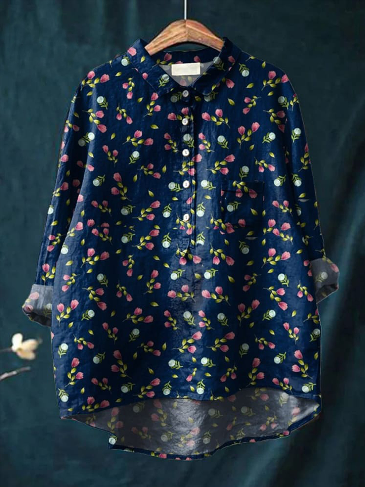 Women's Floral Art Print Casual Cotton And Linen Shirt
