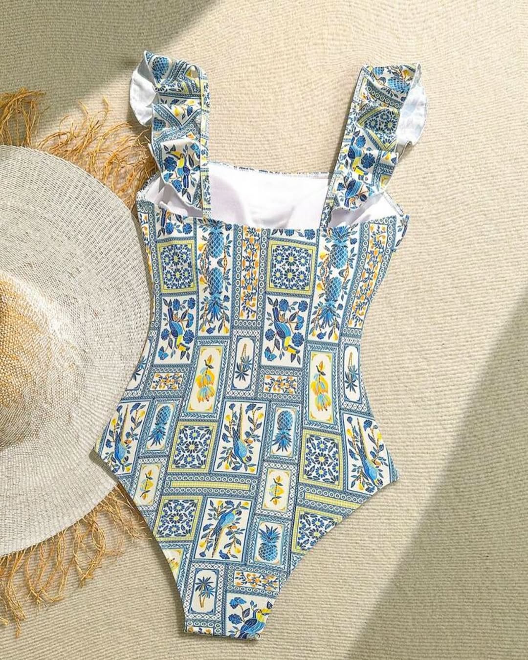 Colored Birds Printed One Piece Swimsuit