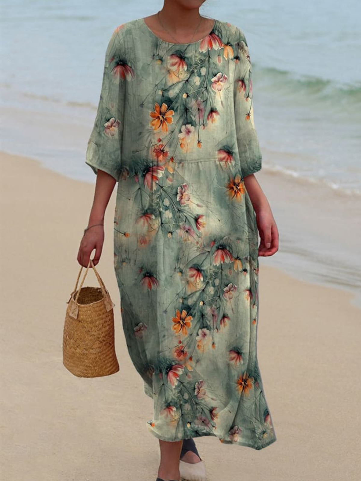 Women's Elegant Orange Floral Print On Green Background Print Pocket Cotton Dress