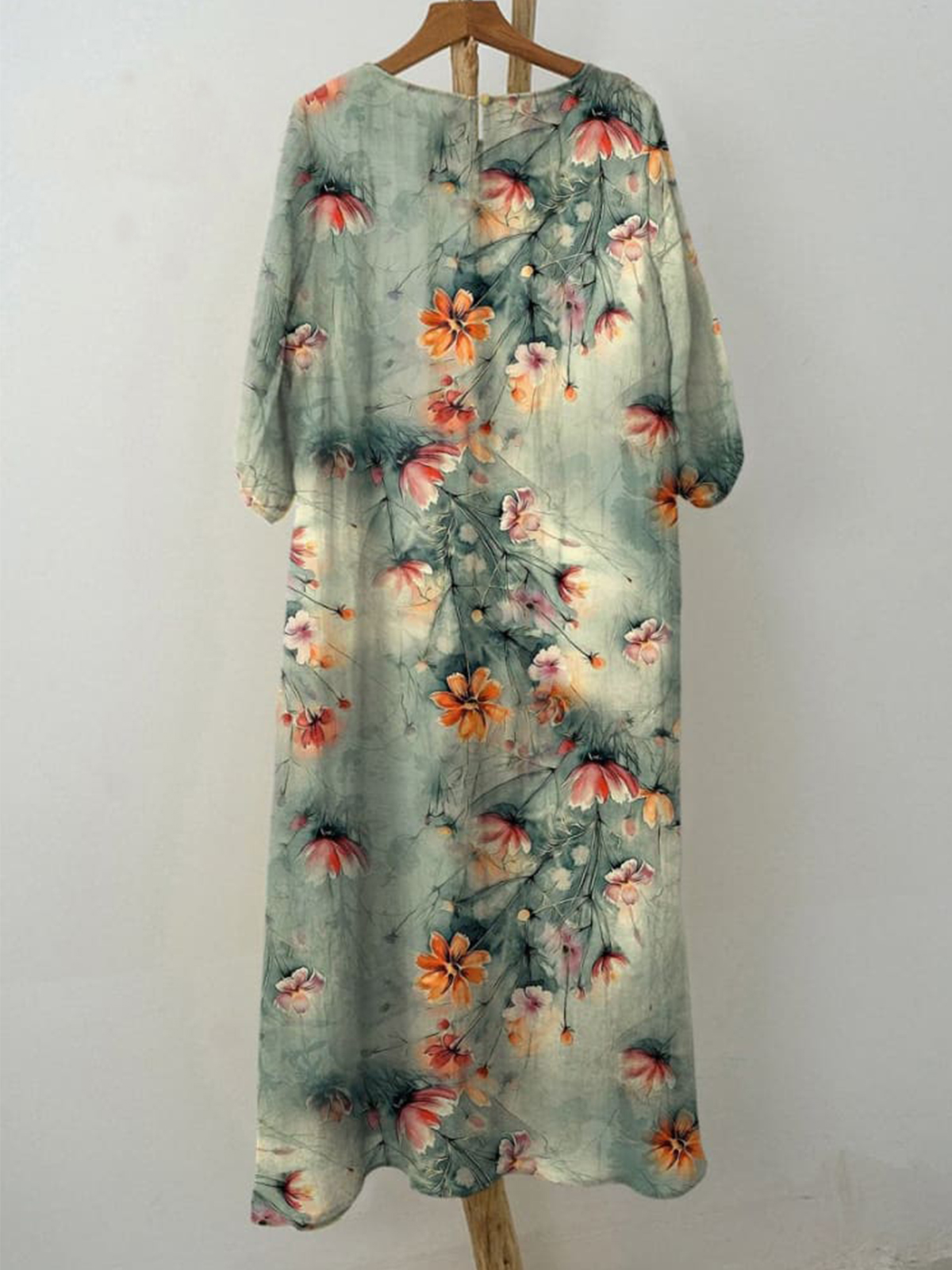 Women's Elegant Orange Floral Print On Green Background Print Pocket Cotton Dress