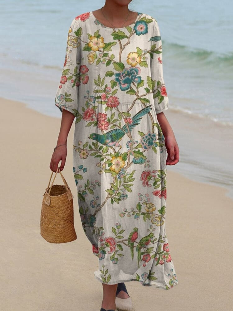 Women's Vintage Lovely Floral Birds Art Print Pocket Cotton Dress