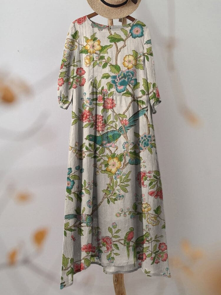 Women's Vintage Lovely Floral Birds Art Print Pocket Cotton Dress