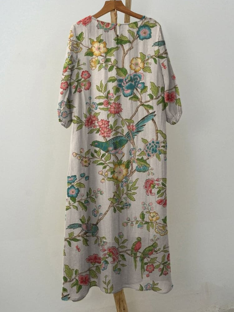 Women's Vintage Lovely Floral Birds Art Print Pocket Cotton Dress