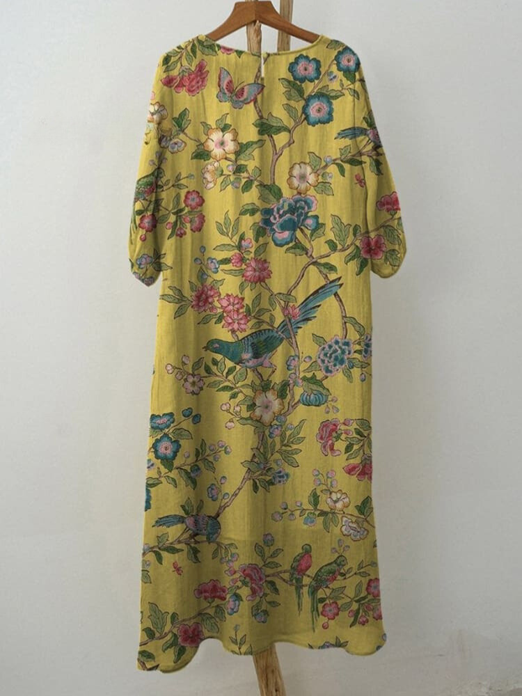 Women's Vintage Lovely Floral Birds Art Print Pocket Cotton Dress