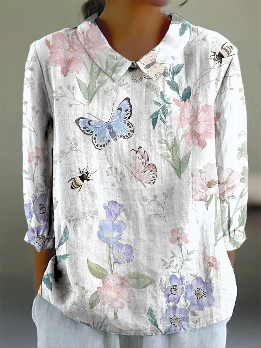 Women's Vintage Art Butterfly Bee Flower Print Casual 3/4 Sleeve Shirt