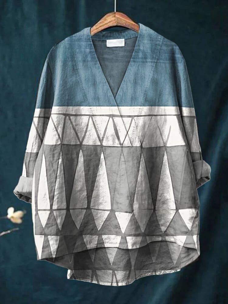 Women's Blue Color-block Pattern Print Casual Cotton And Linen V-neck Shirt