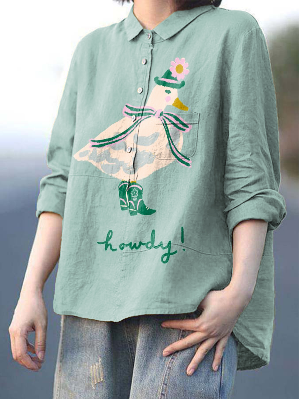 Women's Howdy Duck Print Casual Cotton And Linen Shirt
