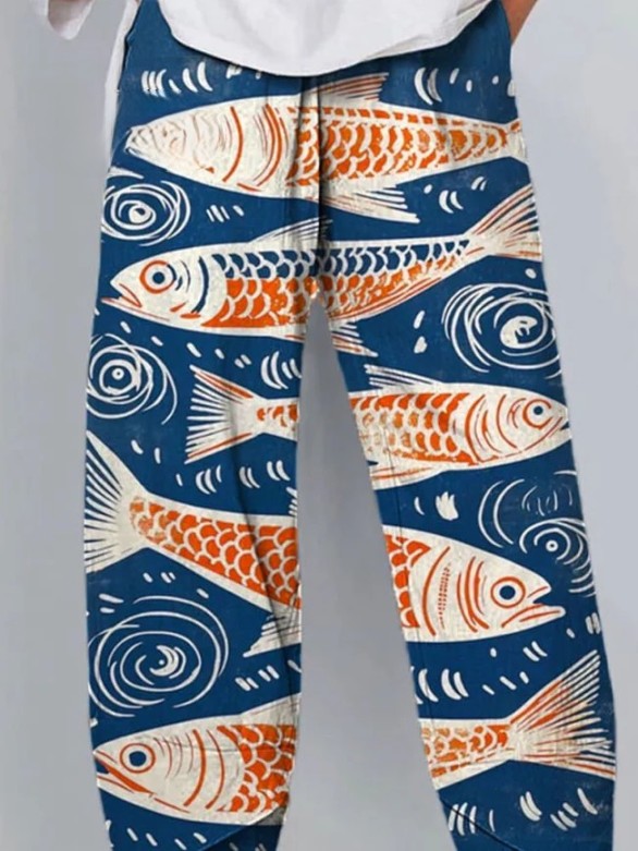 Women's Vintage Lovely Fish Art Printed Cotton And Linen Casual Pants