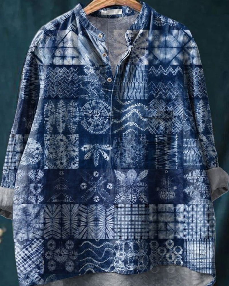Shibori Patchwork Pattern Printed Women's Casual Long Sleeve Comfortable Cotton Shirt