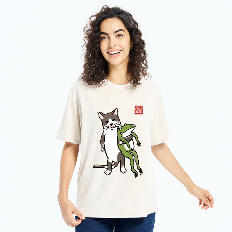   Cat Holding A Frog Washed T-Shirt