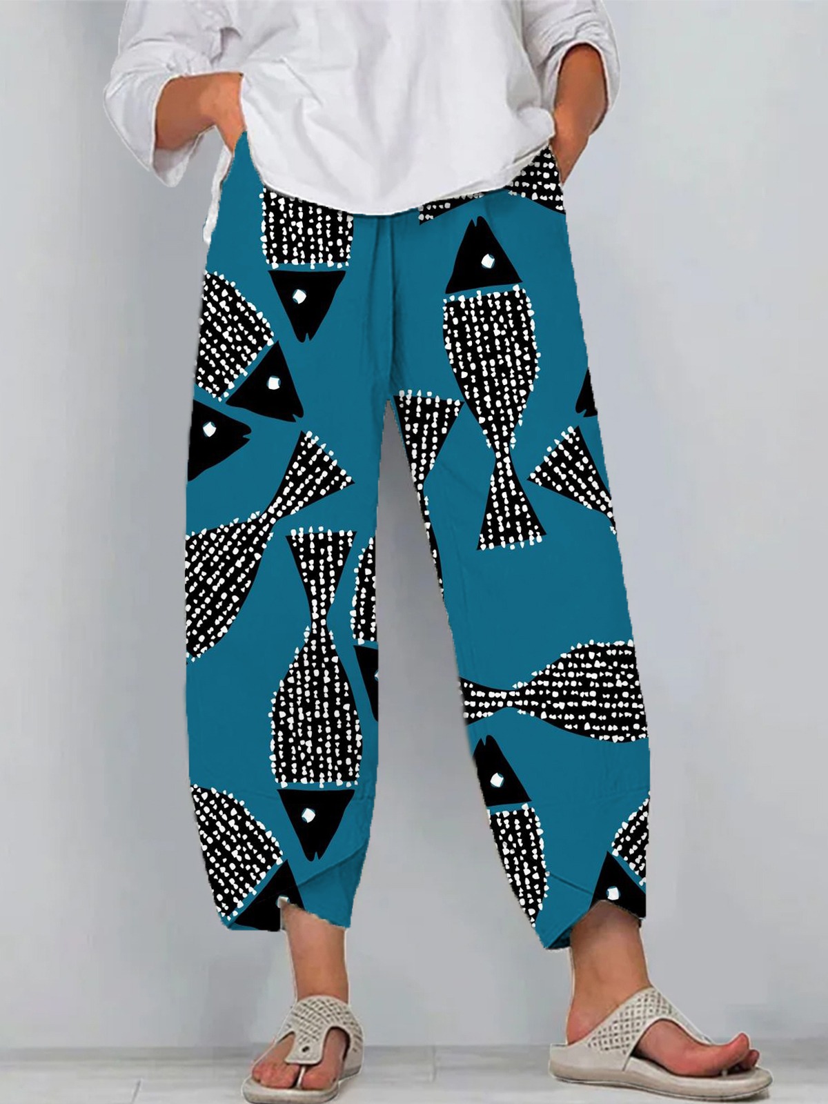 Women's  Polka Dot Art Fish Print Casual Linen Shirt