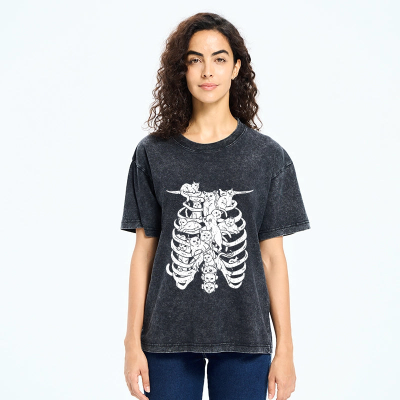 Cat Lying On The Skeleton Washed T-Shirt
