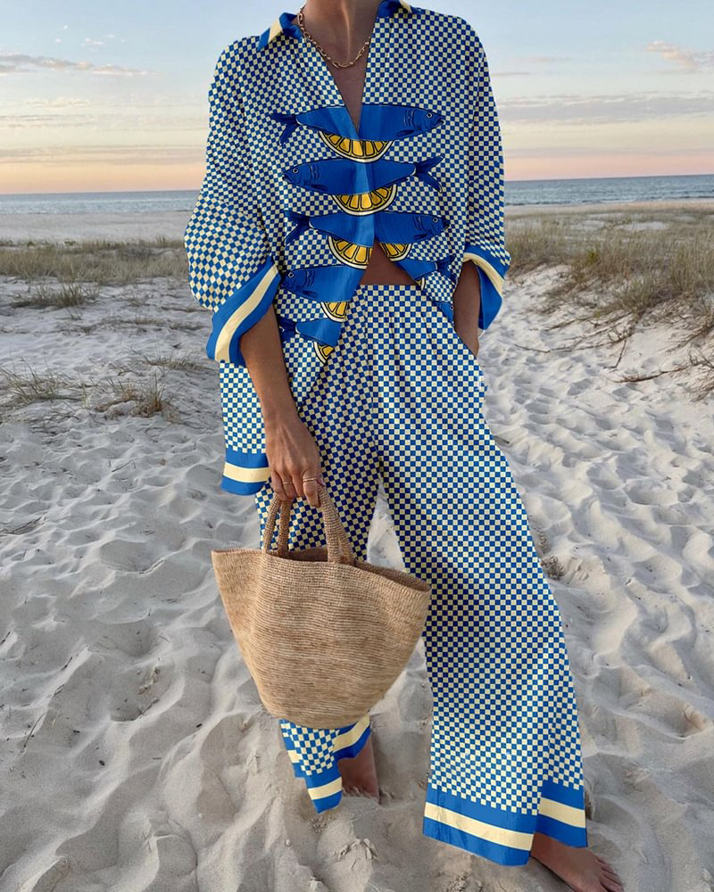 Vintage Plaid Lemon Fish Print Two-piece Set