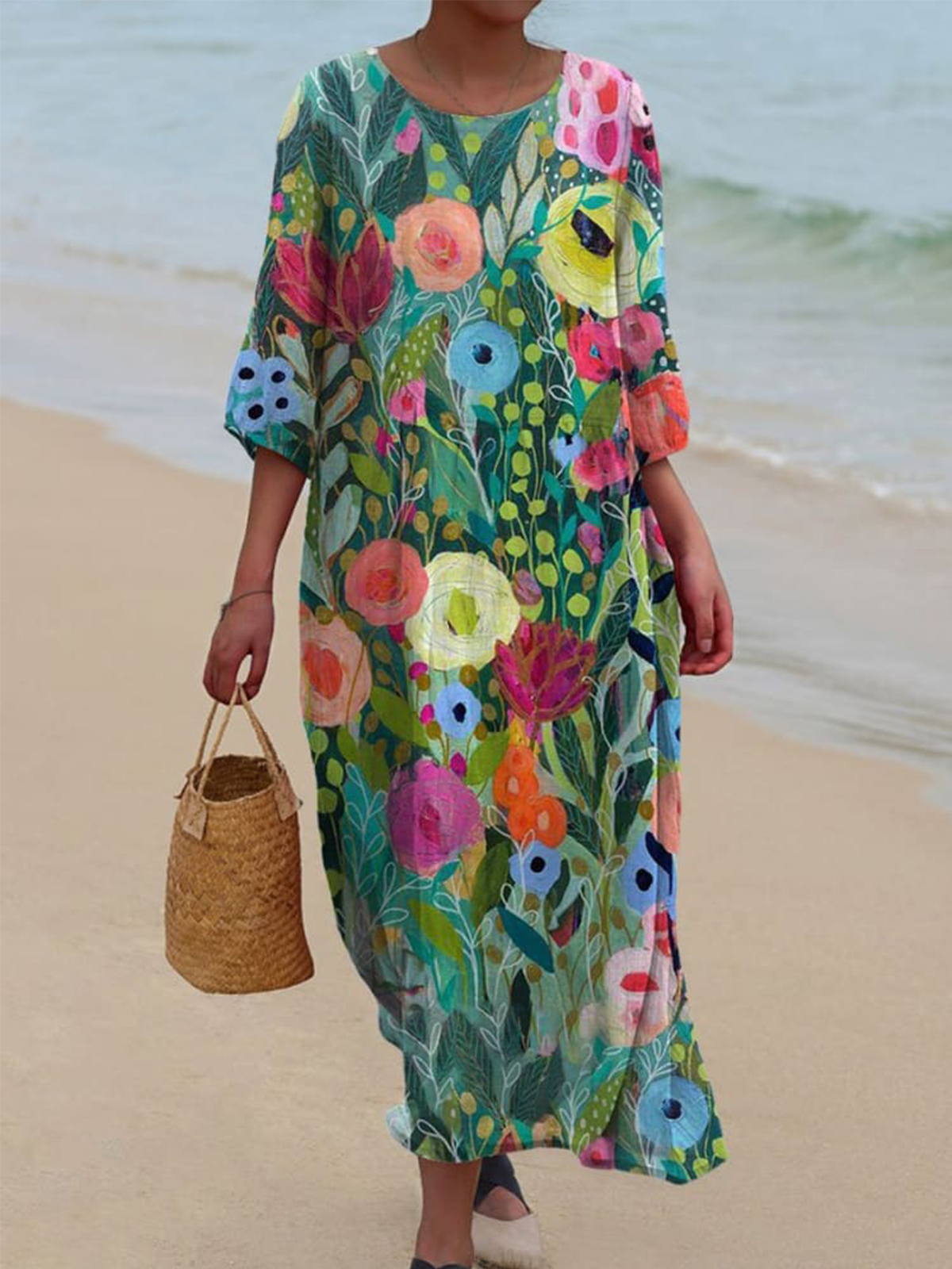 Women's Flower Art  Print Pocket Cotton Dress