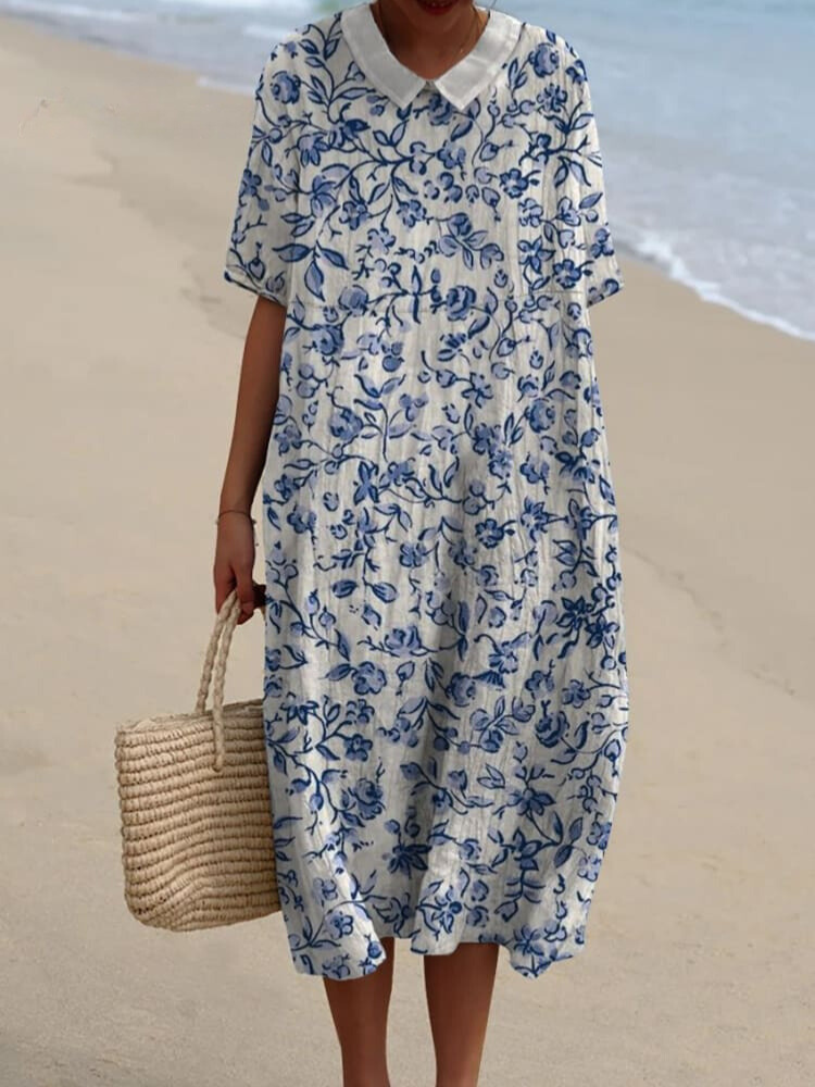 Women's Simple Small Blue Flowers Print Pocket Linen Dress（Convertible Dress With Front And Back Option）