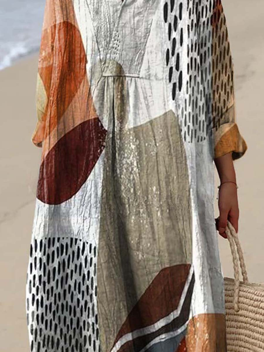 Women's Vintage Abstract Color Block Art Print Flowy Dress