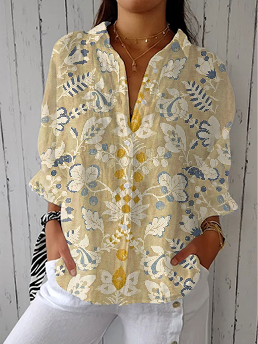 Women's   Vintage Symmetrical Flower Art Print Casual V-neck Shirt