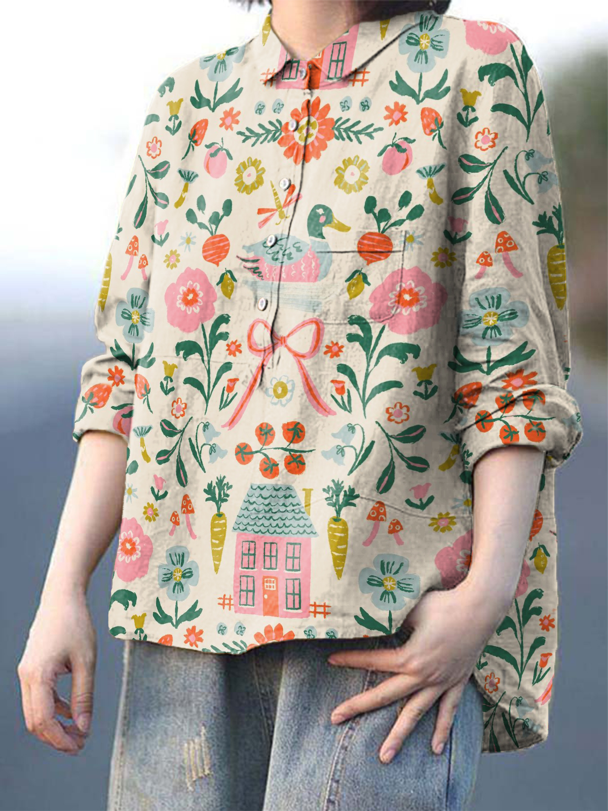 Women's Flowers Print Casual Cotton And Linen Shirt