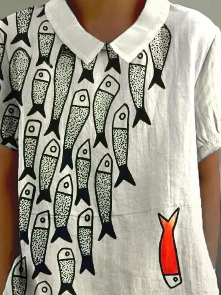 Be The Unique Fish Art Printed Women's Casual Cotton And Linen Shirt
