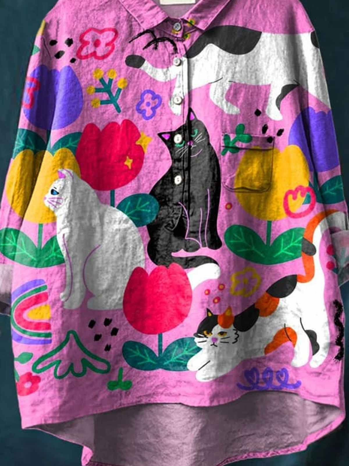 Vintage Lovely Cats Art Print Casual Cotton And Linen Shirt