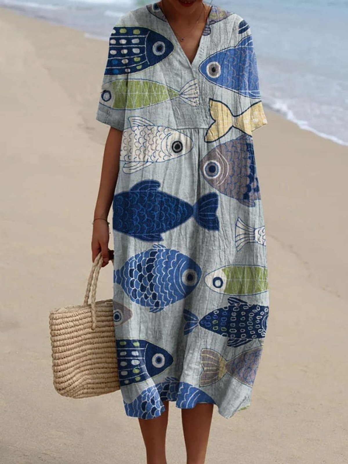 Vintage Lovely Fish Art Print Casual Cotton And Linen Dress