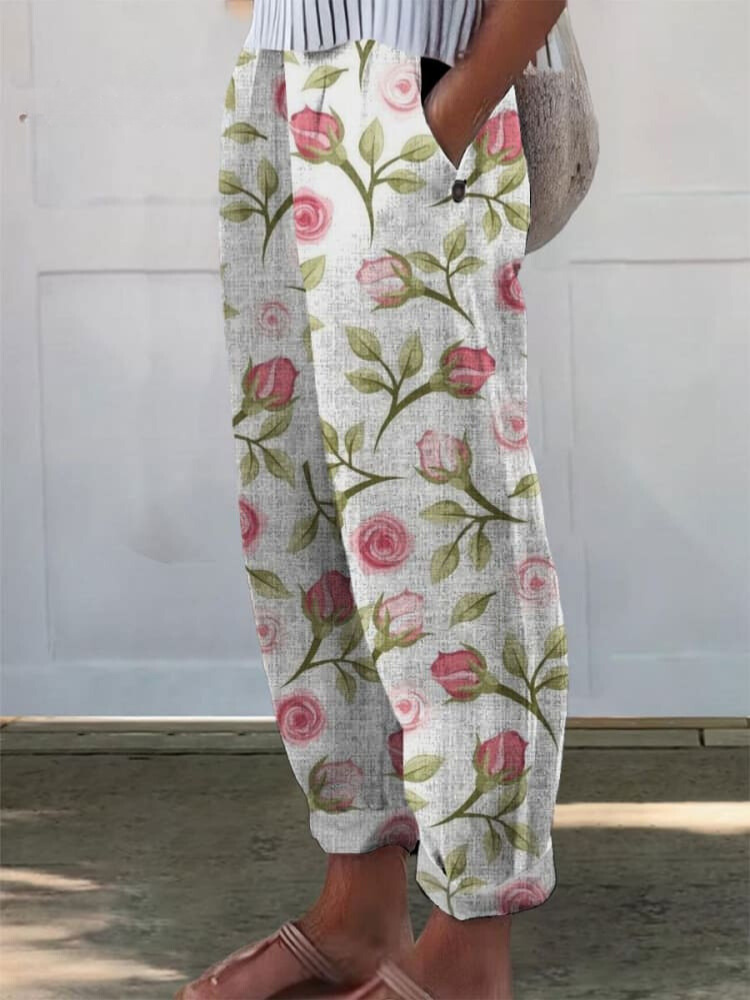 Women's Rose Flower Printed Cotton And Linen Casual Pants