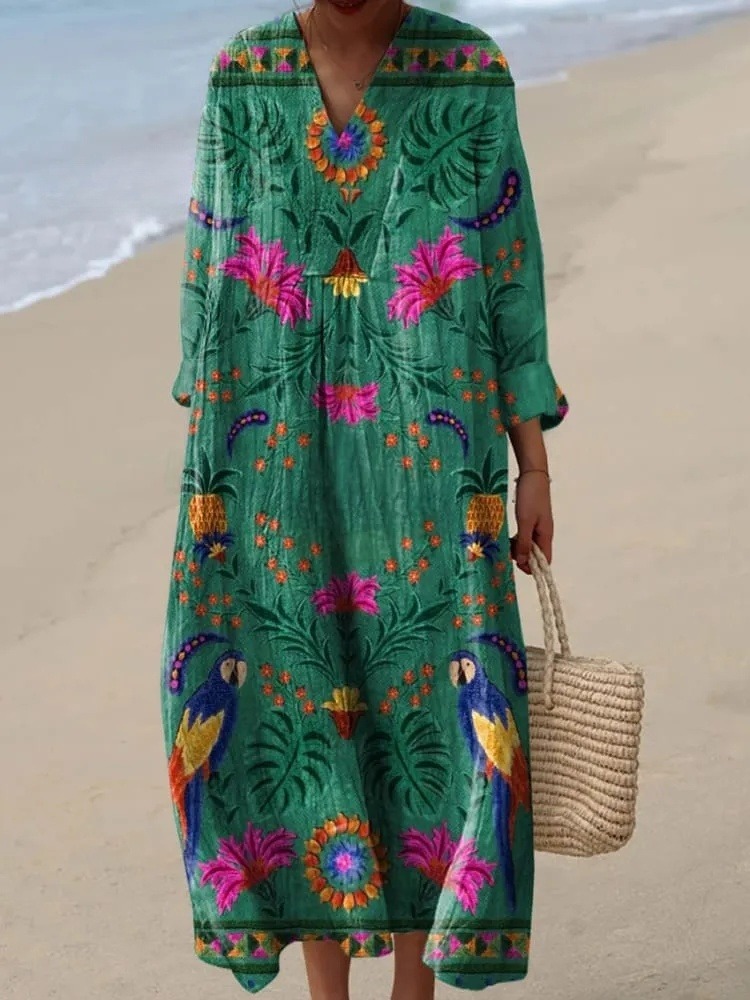 Women's Vintage Lovely Floral Parrots Art Print Cotton Dress
