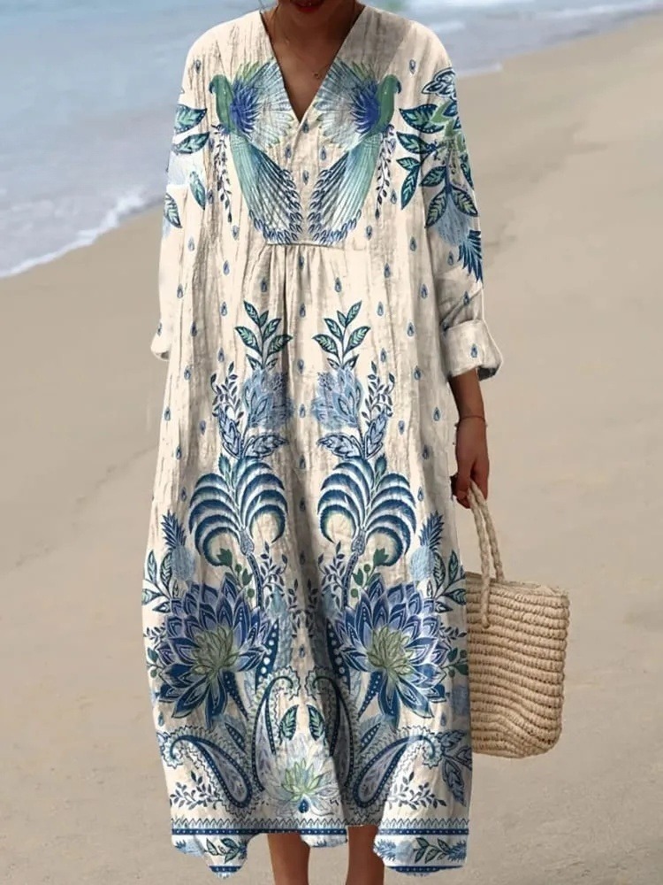 Women's Vintage Lovely Floral Birds Art Print Cotton Dress