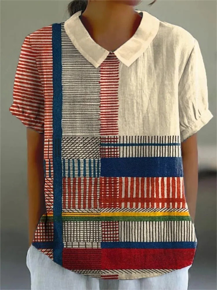 Women's Abstract Geometric Pattern Art Print Casual Cotton And Linen Shirt