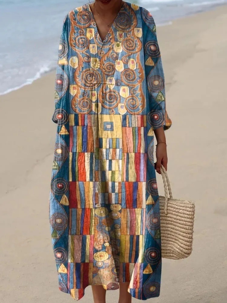 Women's Abstract Geometric Pattern Art Print Cotton Dress