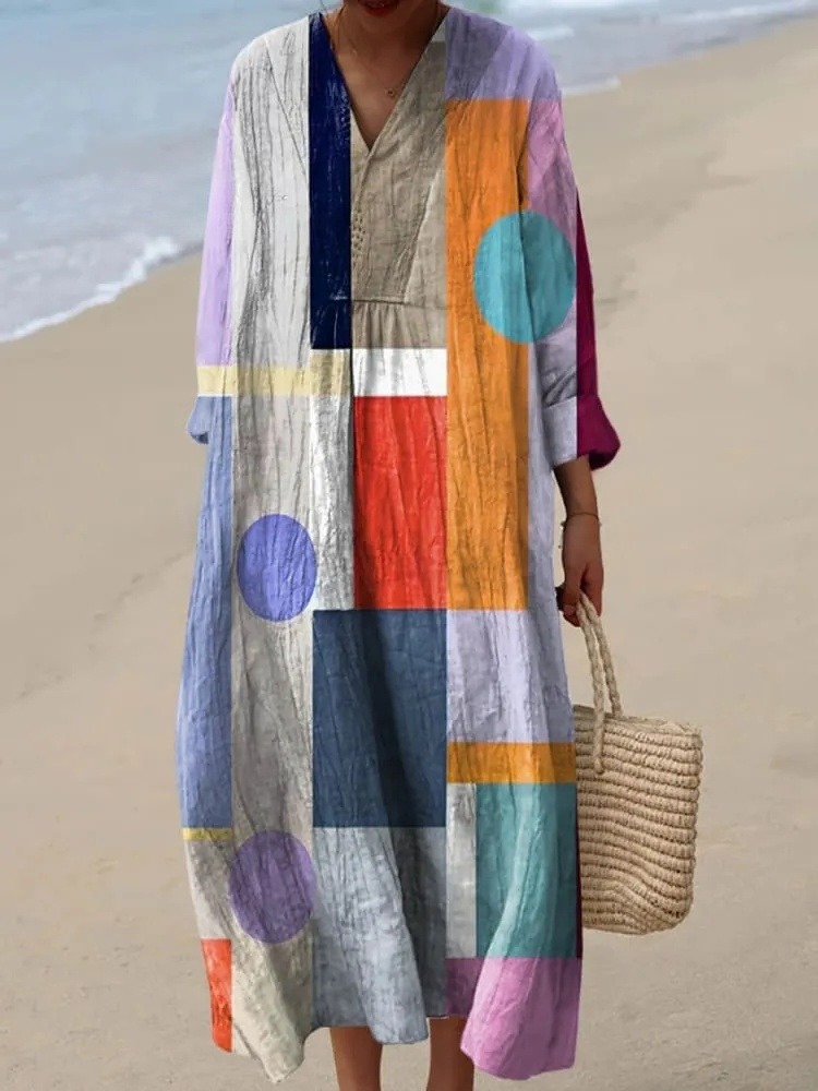 Women's Abstract Geometric Pattern Art Print Cotton Dress