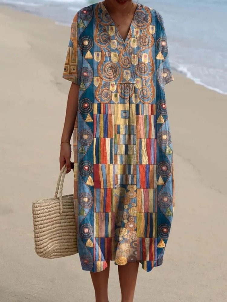 Women's Abstract Geometric Pattern Art Print Flowy Cotton Dress