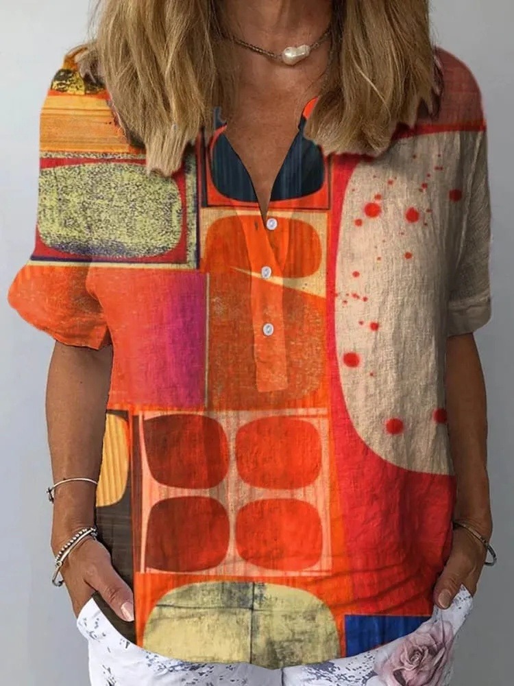 Women's Abstract Geometric Pattern Art Print Casual Shirt