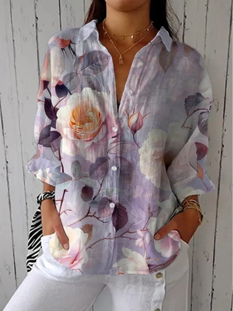 Women's Vintage Floral Art Print Casual V-neck Shirt