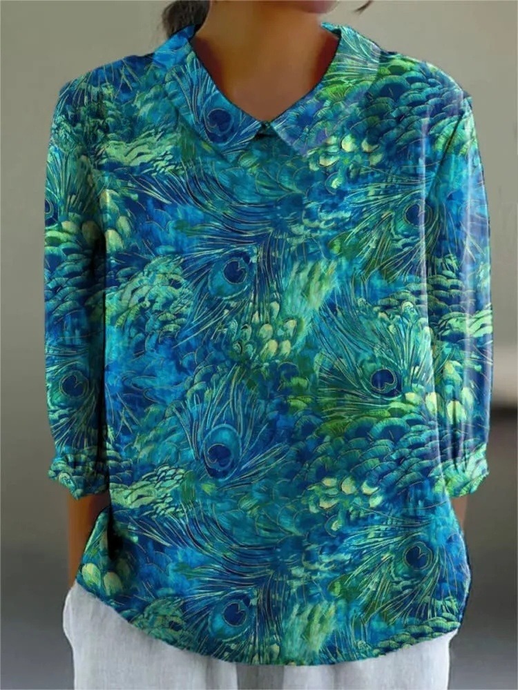 Women's Peacock Feather Pattern Art Print Casual V-neck Shirt