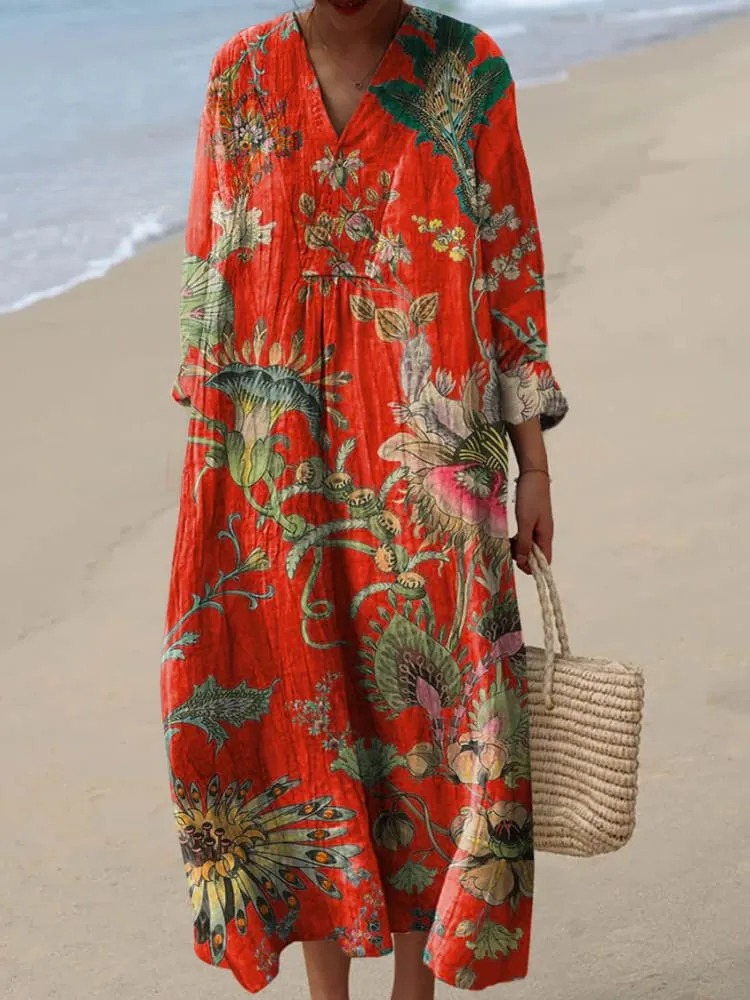 Women's Vintage Lovely Floral Pattern Art Print Cotton Dress