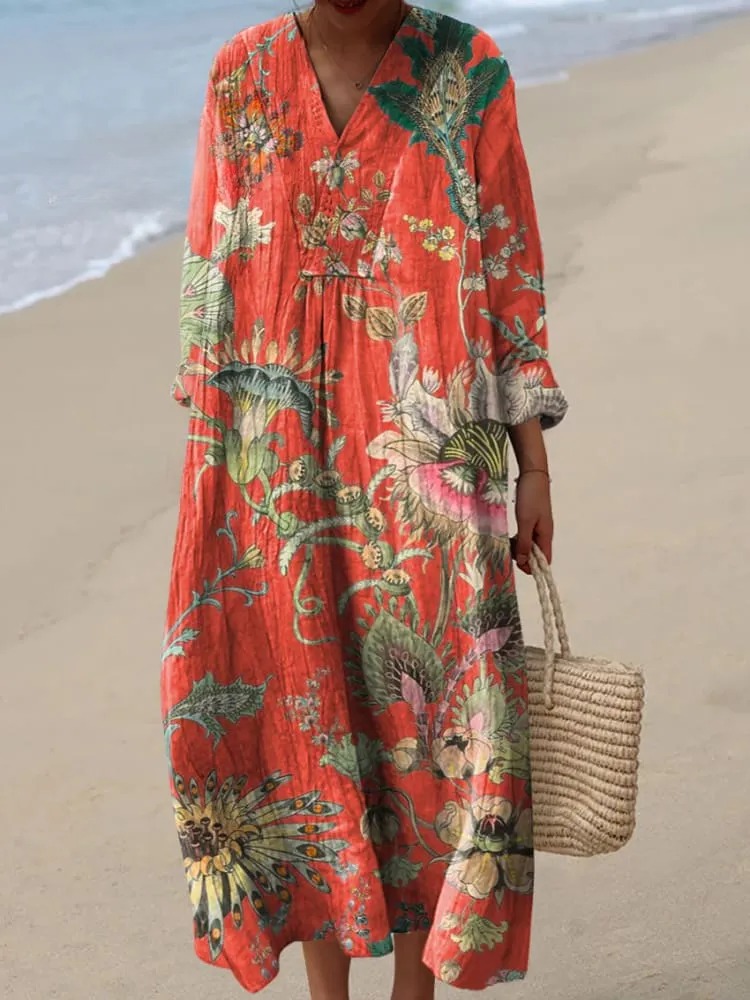 Women's Vintage Lovely Floral Pattern Art Print Cotton Dress