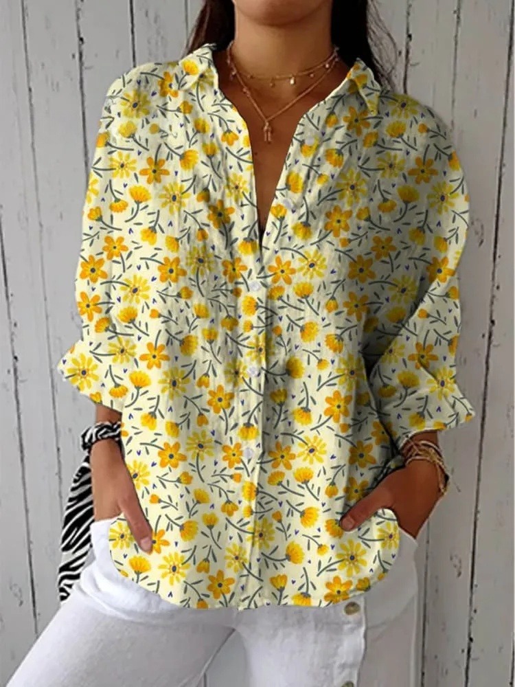 Women's Vintage Lovely Floral Art Print Casual V-neck Shirt