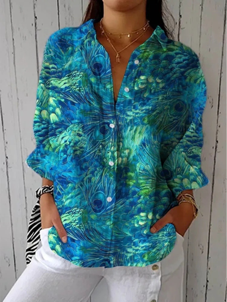 Women's Peacock Feather Pattern Art Print Casual V-neck Shirt