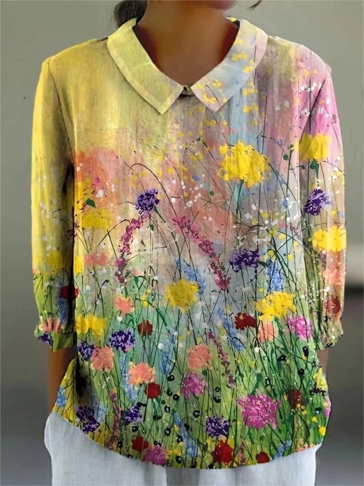 Women's Vintage Floral Art Print Casual 3/4 Sleeve Shirt