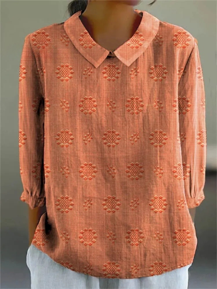 Women's Vintage Floral Art Print Casual 3/4 Sleeve Shirt