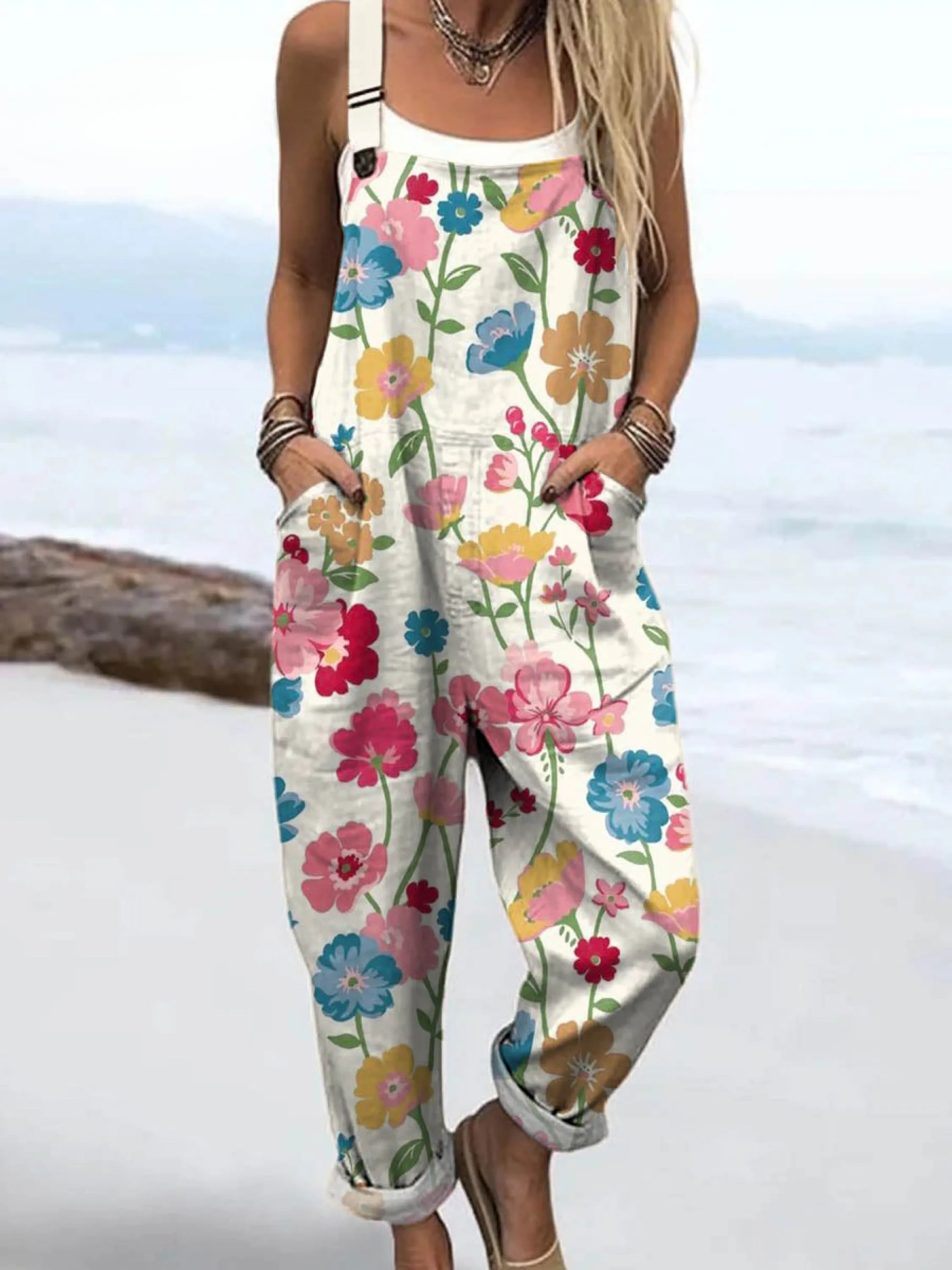 Women's Lovely Floral Art Print Casual 100% Cotton Wide Leg Jumpsuit